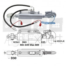 Barre de poussée hydraulique 5T crochet Cat2 genouillère D30, entre-axe 649/889 mm avec flexibles et prises